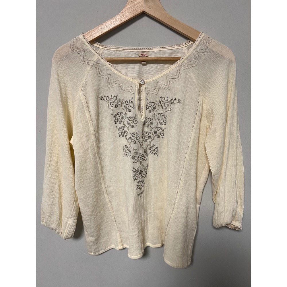 Reba Embroidered Gauze Top Womens Small Cream Pre-owned Boho Sequin 3/4 Sleeve